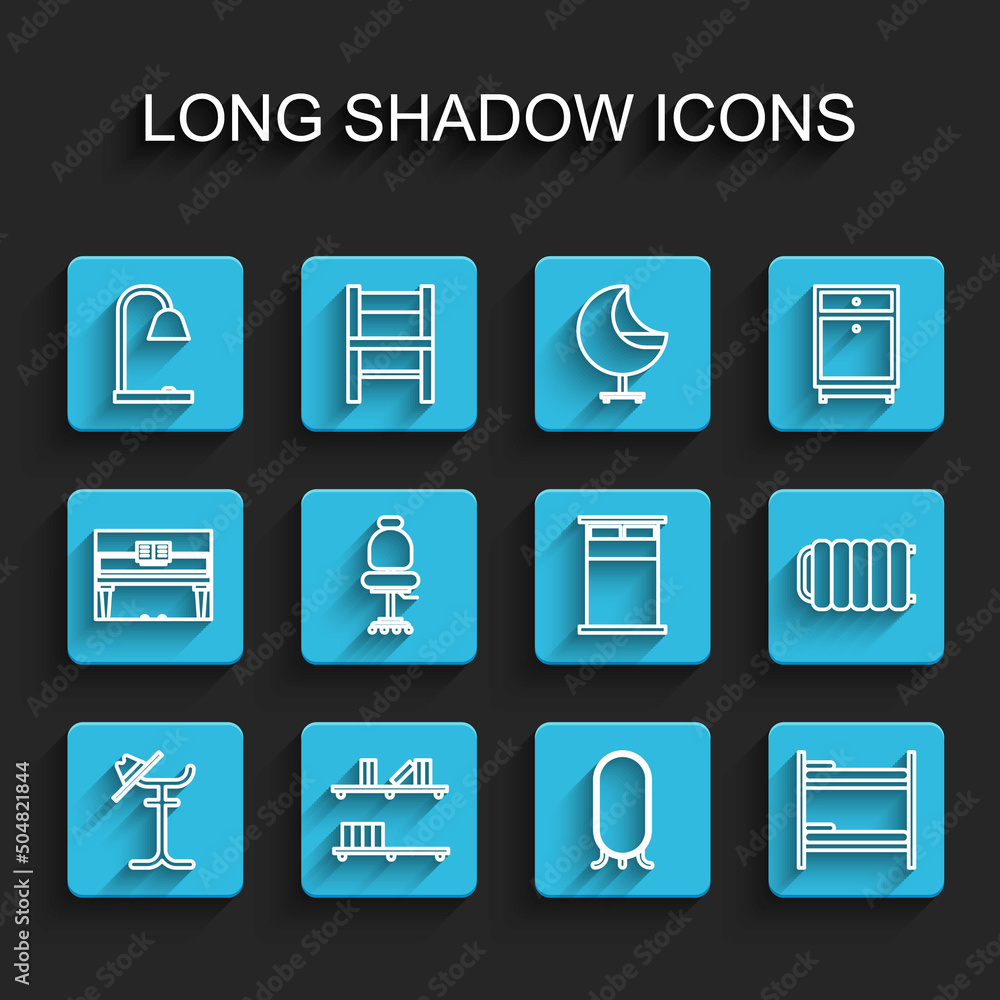 Set line Coat stand, Shelf with books, Table lamp, Big full length mirror, Bunk bed, Office chair, Heating radiator and icon. Vector Set line Coat stand, Shelf with books, Table lamp, Big full length mirror, Bunk bed, Office chair, Heating radiator and icon. Vector