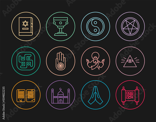 Set line Decree, paper, parchment, scroll, Masons, Yin Yang, Jainism or Jain Dharma, Jewish torah book, Jesus Christ and Christian chalice icon. Vector