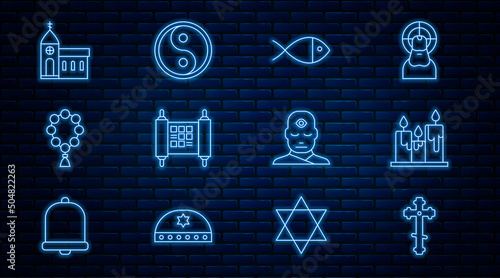 Set line Christian cross, Burning candles, fish, Decree, paper, parchment, scroll, Rosary beads religion, Church building, Man with third eye and Yin Yang icon. Vector photo