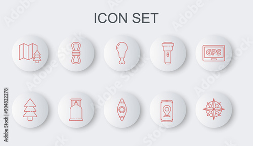 Set line Wind rose, Tree, Chicken leg, City map navigation, Location of the forest, Climber rope, Camping gas stove and Kayak canoe icon. Vector