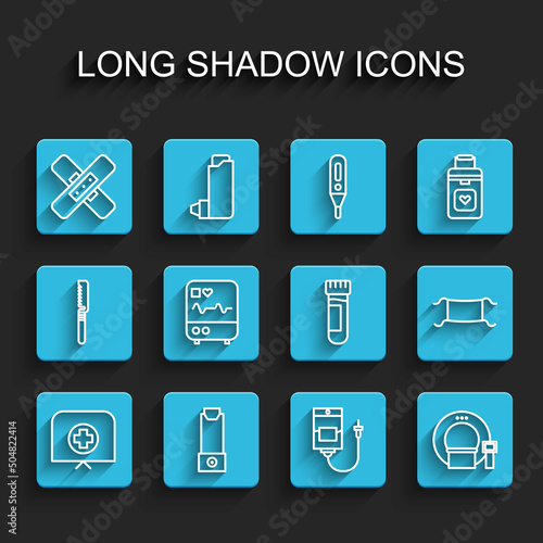Set line Nurse hat with cross, Inhaler, Crossed bandage plaster, IV bag, Tomography, Monitor cardiogram, Medical protective mask and Test tube blood icon. Vector