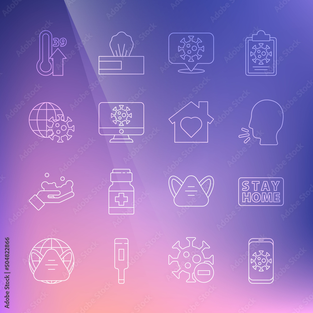 Set line Virus statistics on mobile, Stay home, Man coughing, Corona virus location, monitor, Earth globe with, High human body temperature and House heart inside icon. Vector Set line Virus statistics on mobile, Stay home, Man coughing, Corona virus location, monitor, Earth globe with, High human body temperature and House heart inside icon. Vector