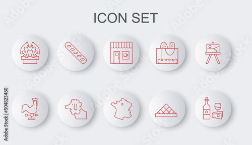 Set line Wine bottle with cheese, Rooster weather vane, Coffee shop, Louvre museum, Gargoyle on pedestal, French baguette bread, Poodle dog and Map France icon. Vector