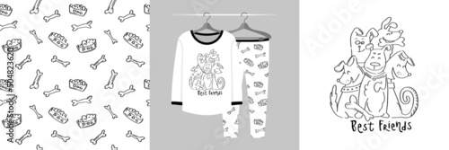 Seamless pattern and illustration set with company of cute funny dogs and lettering Best friends. Baby design pajamas, background for apparel, room decor, tee prints, baby shower, fabric design