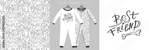Seamless pattern and illustration set with company of cute funny dogs and lettering Best friends. Baby design pajamas, background for apparel, room decor, tee prints, baby shower, fabric design