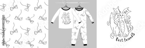 Seamless pattern and illustration set with company of cute funny cats and lettering Best friends. Baby design pajamas, background for apparel, room decor, tee prints, baby shower, fabric design