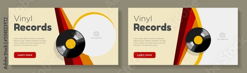 Vinyl records shop online banner template set, lp disk advertisement, horizontal ad, old music cd store campaign webpage, vintage, retro flyer, creative brochure, isolated on background
