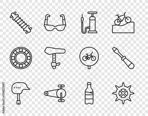 Set line Bicycle helmet, sprocket crank, air pump, chain with gear, suspension, seat, Sport bottle water and Screwdriver icon. Vector