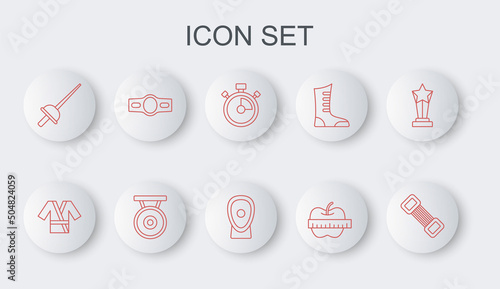 Set line Chest expander, Japanese costume Kimono, Stopwatch, Apple measuring tape, Fencing, Boxing belt, Gong and training paws icon. Vector