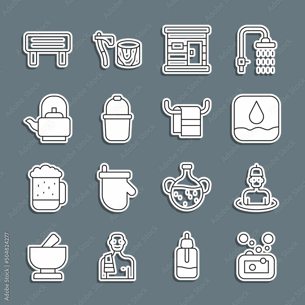 Set line Bar of soap, Man in the sauna, Water drop, Sauna wooden bathhouse, bucket, Kettle with handle, bench and Towel on hanger icon. Vector Set line Bar of soap, Man in the sauna, Water drop, Sauna wooden bathhouse, bucket, Kettle with handle, bench and Towel on hanger icon. Vector
