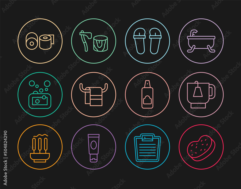 Set line Bath sponge, Cup of tea with tea bag, Flip flops, Towel hanger, Bar soap, Toilet paper roll, Spray can for hairspray and Wooden axe in stump icon. Vector