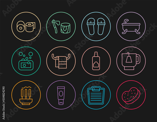 Set line Bath sponge, Cup of tea with tea bag, Flip flops, Towel hanger, Bar soap, Toilet paper roll, Spray can for hairspray and Wooden axe in stump icon. Vector