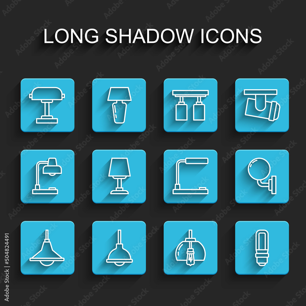 Set line Chandelier, Lamp hanging, Table lamp, LED light bulb, Wall or sconce and icon. Vector Set line Chandelier, Lamp hanging, Table lamp, LED light bulb, Wall or sconce and icon. Vector