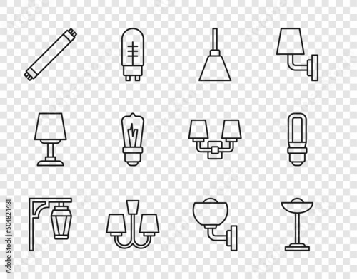 Set line Vintage street light, Floor lamp, Chandelier, Fluorescent, Light bulb, Wall sconce and LED icon. Vector