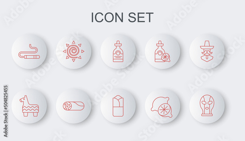 Set line Mexican wrestler, Pinata, Tequila bottle, Lime, Cigar, Sun, Burrito and icon. Vector