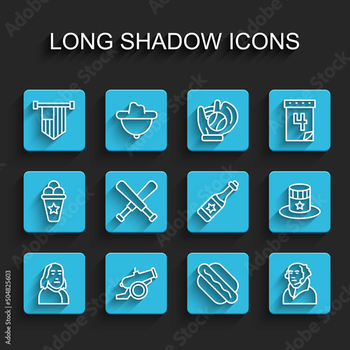Set line Benjamin Franklin, Cannon, American flag, Hotdog sandwich, George Washington, Crossed baseball bat, Patriotic top hat and Champagne bottle icon. Vector