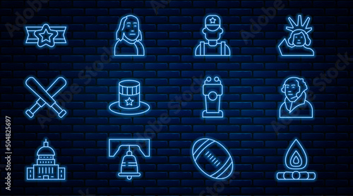 Set line Campfire, George Washington, Sheriff cowboy, Patriotic American top hat, Crossed baseball bat, Star military, Stage stand tribune and Benjamin Franklin icon. Vector