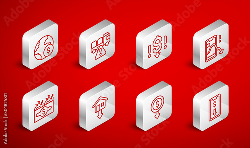 Set line Mobile stock trading, Stop delivery cargo truck, Dollar rate decrease, Global economic crisis, Falling property prices and Burning dollar bill icon. Vector