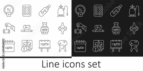 Set line Tooth with caries, Joint pain, knee pain, Electronic cigarette, Heart disease smoking, Hypnosis, Stop money saving, Nicotine gum blister pack and icon. Vector