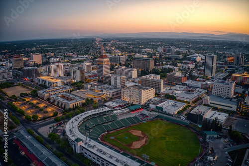 Aerial View of the Fresno, California Skyline at Dusk photo