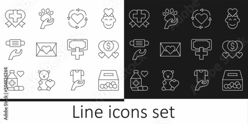 Set line Donation and charity, Volunteer, Envelope with heart, Medical protective mask, Heart cross, and Animal volunteer icon. Vector