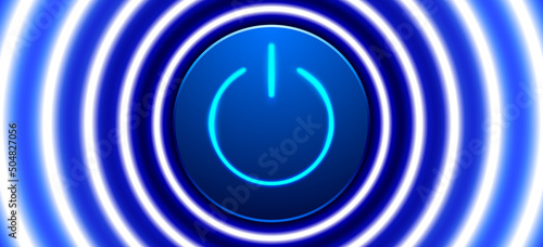 Power button with blue neon circle lights, vector background. Start button dynamic, energetic, technological banner. Launching, or activation concept illustration.
