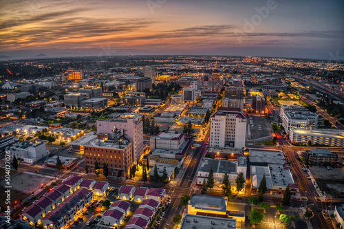 Photography Aerial View of the Fresno, California Skyline at Dusk