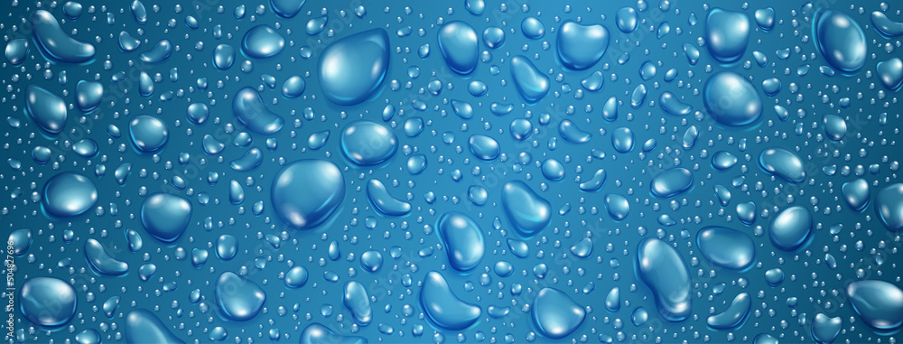 Background of big and small realistic water drops in blue colors