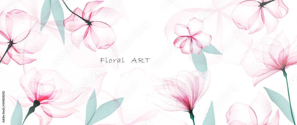 Abstract floral art background in pink colors with transparent flowers. Botanical vector banner in watercolor style for decor, textile, wallpaper, print - obrazy, fototapety, plakaty 
