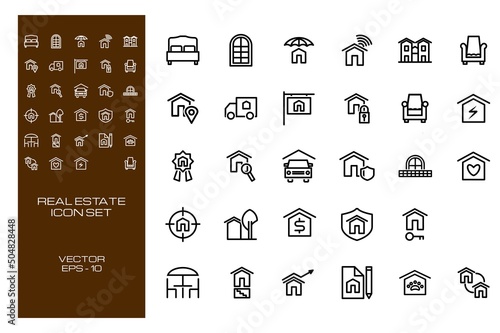 Real Estate, Residence Icon Set with Line Concept Isolated on White Background. This Set Consist of 29 Icon Among bed, apartment, veranda etc. Vector Illustration