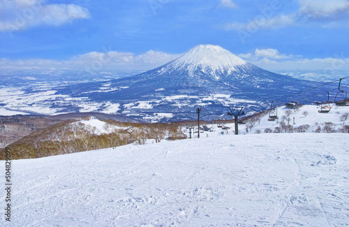春スキーのニセコスキー場、ゲレンデ内から見える羊蹄山