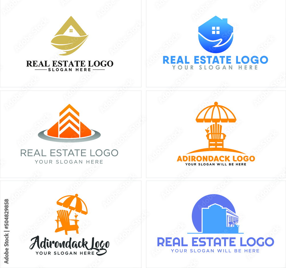 A set of modern real estate logo template with various kinds home such as blue home, roof home arrow line art, and Adirondack chair beach vector illustration