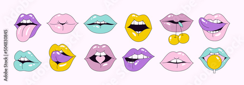 Lips Set in Pop Art 90's Style. Vector Illustration Women's Mouths in Different Emotions for Stickers, Logos, Patches