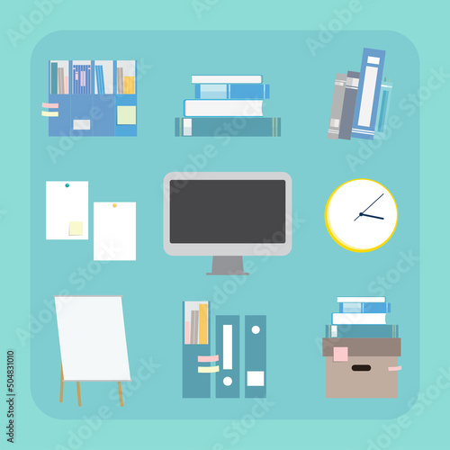 Office interior decoration element vector icon set
