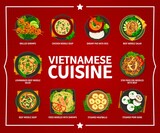 Vietnamese cuisine menu, Asian restaurant food dishes and meals, vector. Vietnamese cuisine food with shrimps and dumplings buns and noodles pho soup, steamed meatballs and lemongrass salad