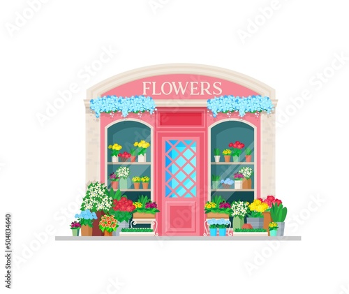 Flower shop building storefront facade. City store, local business kiosk vector retro design glass showcase with live garden flowers in pots and trays, bouquets in buckets
