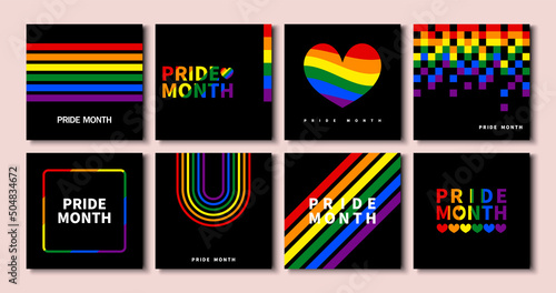 Set of LGBT Pride Month banner. Collection of modern black templates square banner with Rainbow colors and Geometric shapes for LGBT Pride Month. Vector illustration.