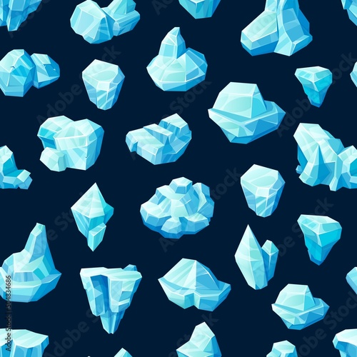 Blue ice cubes and crystals seamless pattern. Vector background with cartoon frozen blocks, icebergs, magic stones and iced floes or stalagmites. Abstract pattern with icy caps
