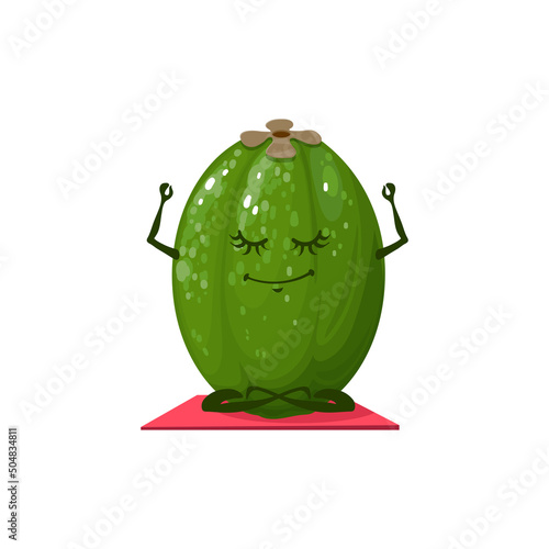 Cartoon feijoa fruit character in yoga pose. Funny ripe fruit mascot meditating on mat, vector happy smiling feijoa personage during spiritual practices. Comic feijoa fruit character doing yoga