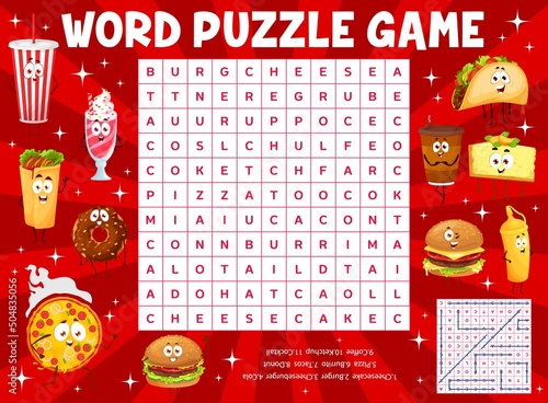 Cartoon takeaway fast food and drinks characters, word search puzzle game, vector worksheet. Kids quiz grid to search and fond words of cheesecake, burger or cheeseburger and pizza, burrito and tacos