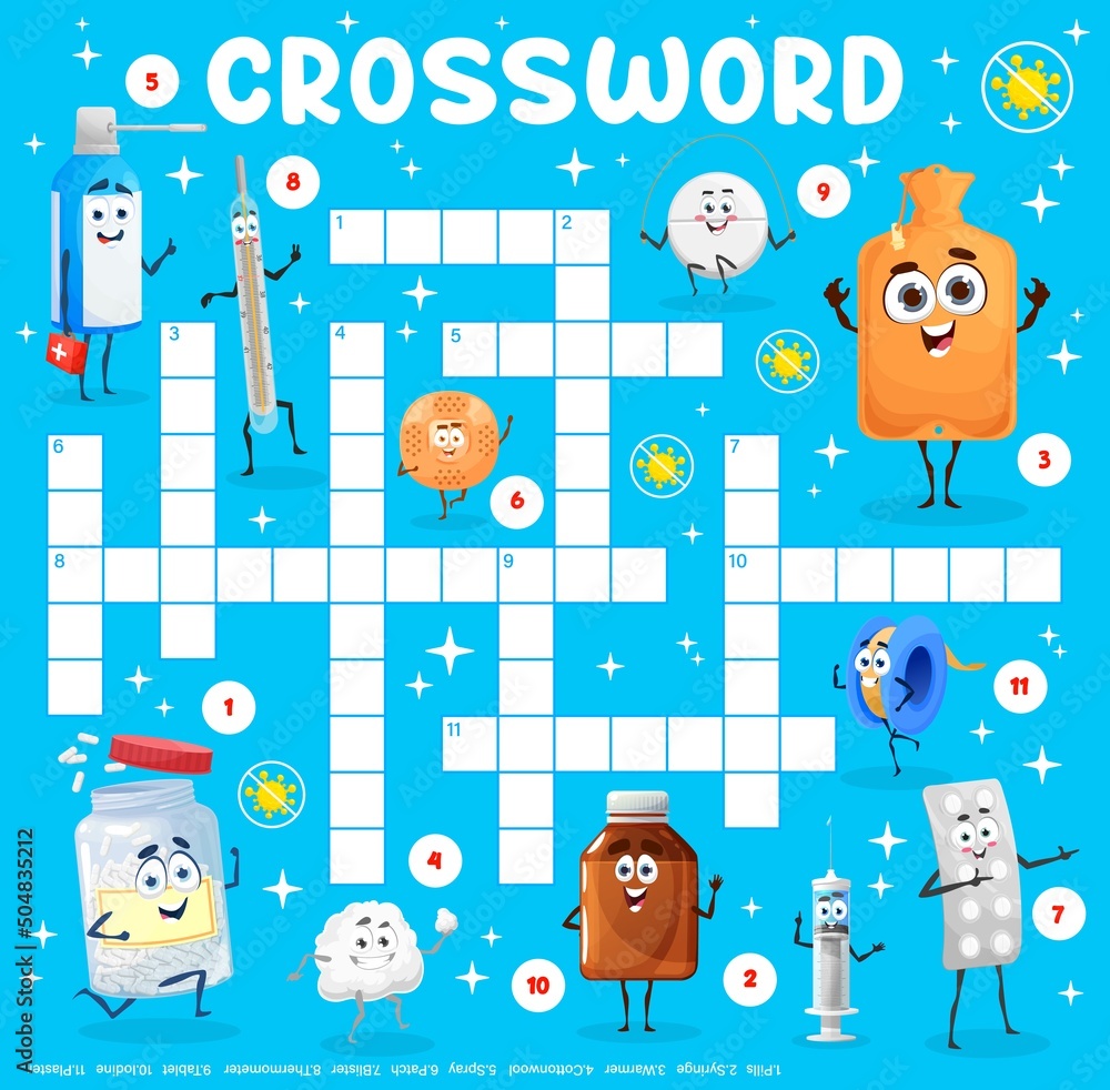 Crossword game worksheet grid. Cartoon medication and devices