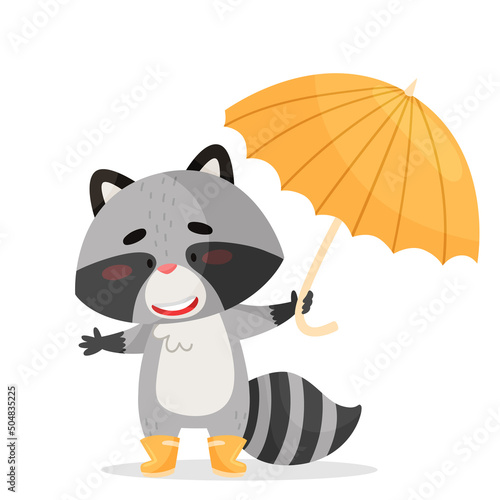 A raccoon stands with a yellow umbrella and yellow boots. Drawn in cartoon style. Vector illustration for designs, prints and patterns. Isolated on white background