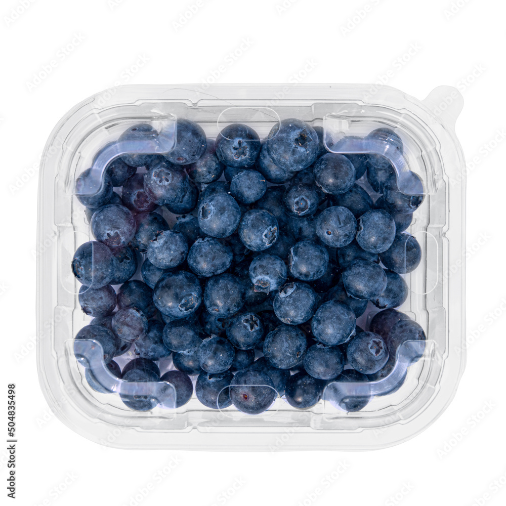 Transparent tray with blueberries for sale.