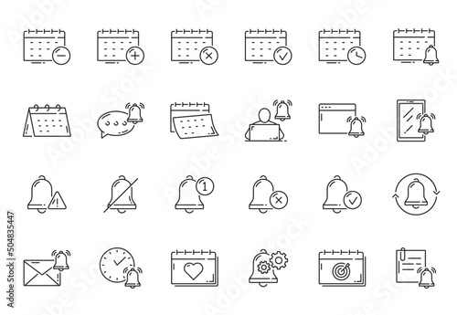 Reminder, calendar, planner and alarm outline icons of vector schedule calendars, clocks, notification bells and new message. Isolated symbols of event date, time, appointment, new message and agenda
