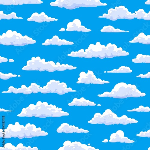 Cloudscape seamless pattern, cartoon fluffy clouds in blue sky, vector background. Cloudy summer sky with fluff clouds pattern, fresh air or heaven and kids cartoon design