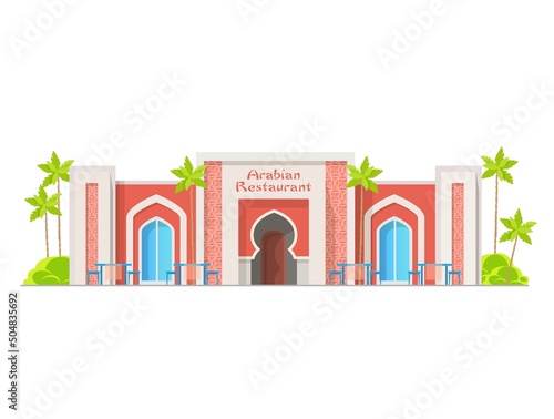 Arabian cuisine restaurant building icon, Eastern Asia food cafe architecture, vector. Middle East Arabic cuisine restaurant, Turkish or Egyptian and Arabian traditional authentic house facade