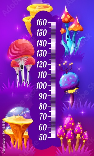 Kids height chart, fantastic cartoon magic mushrooms, growth measure meter. Vector fairy tale world measurement scale for children with fantasy or alien funny fungi plants and grow pediatric ruler