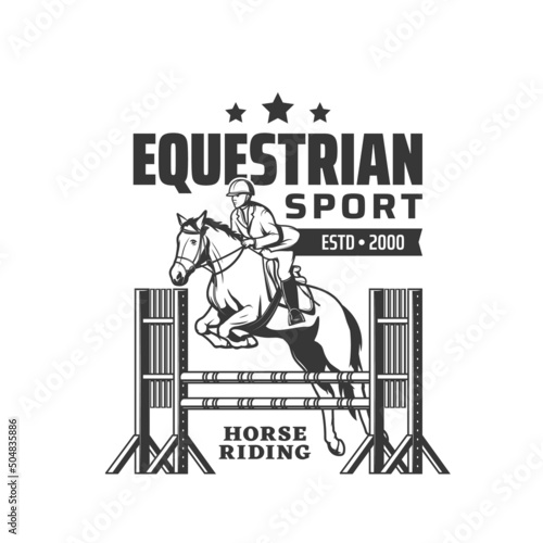 Horse riding icon, equestrian sport or jockey polo club, vector emblem. Horse racing tournament and steeplechase races championship on hippodrome, equine riders club photo