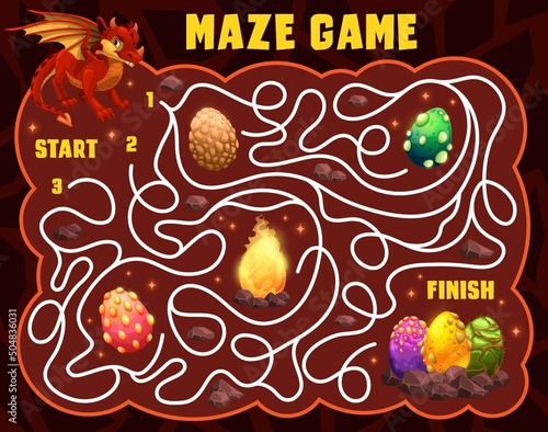 Labyrinth maze riddle with cartoon dinosaur or dragon and eggs in cave. Vector game, puzzle or quiz worksheet template. Help dragon find way to eggs with background frame of brown cave stones