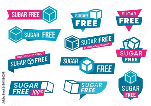 Sugar free labels and icons. Vector zero or low sugar diet food products. Isolated blue symbols of sugar cubes with pink ribbons for diabetic nutrition, natural sweets and healthy food products